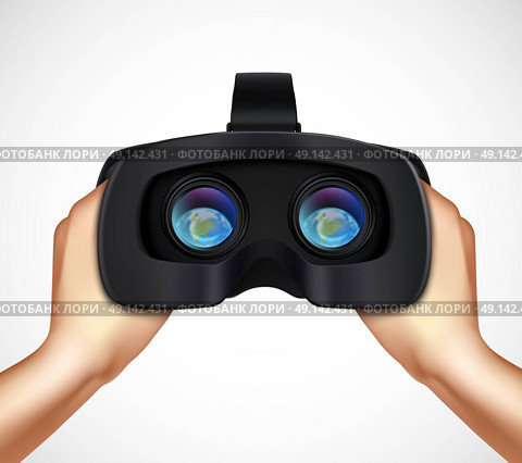 Hands Holding VR Headset Realistic Image. Hands holding virtual augmented reality headset for computer games simulators and training realistic closeup image vector illustration . Стоковая иллюстрация, агентство Ingram Publishing / Фотобанк Лори