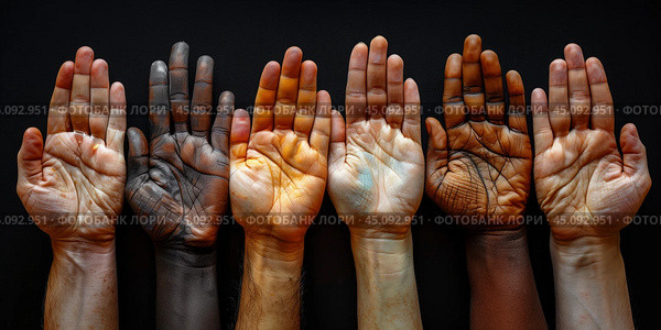 Hands of diverse people extended forward on a black background  symbolizing charity and unity. Стоковое AI-изображение, AI-художник Anastacia Gaikova / Фотобанк Лори