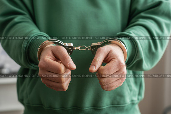 Hands of individual in green sweatshirt are handcuffed together, symbolizing restraint and confinement. Стоковое AI-изображение, AI-художник Гайфуллина Дина / Фотобанк Лори