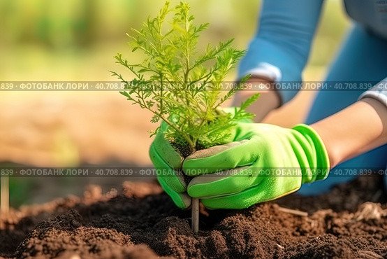 Hands plant seedlings in the ground. Generative AI. Стоковое AI-изображение, AI-художник Юрий Поздников / Фотобанк Лори