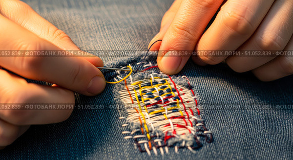 Hands visible mending torn blue jeans with colorful threads, closeup of person repairing clothes with needle and thread using sashiko technique. Стоковое AI-изображение, AI-художник Павел Муравьев / Фотобанк Лори