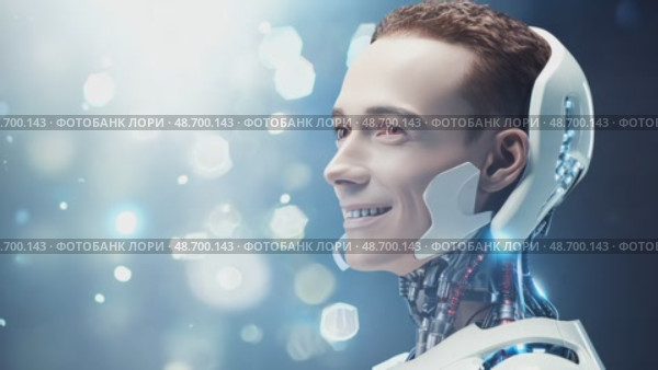 Handsome Futuristic Humanoid Robot Man. Cyborg Working Online At Station. Modern Technology, AI Control. Future Concept, Artificial Intelligence And Digital Graphic Brain Engine Inside. 3D Rendering. Стоковое AI-видео, аниматор ALLA YURTAYEVA / Фотобанк Лори