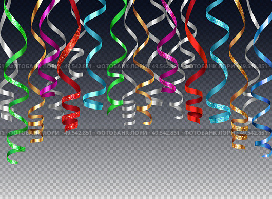 Hanging curled ribbons serpentine background realistic composition on transparent background with colourful images of festive ribbons vector illustration. Стоковая иллюстрация, агентство Ingram Publishing / Фотобанк Лори