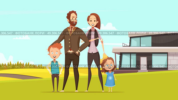 Happy Amicable Family Design Concept . Happy amicable family design concept with young parents and little boy and girl standing on lawn at countryside background  flat vector illustration . Стоковая иллюстрация, агентство Ingram Publishing / Фотобанк Лори