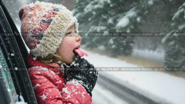Happy Boy tasting snow through car window during snowfall. Child on a road trip. Little toddler is looking out from auto, opened his mouth, pulled out his tongue, catches snowflakes. Winter fun games. Стоковое AI-видео, аниматор Марина Демидюк / Фотобанк Лори