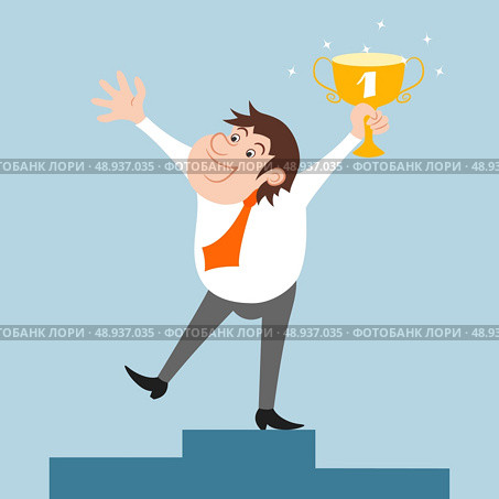 Happy businessman character won trophy success celebration vector illustration. Стоковая иллюстрация, агентство Ingram Publishing / Фотобанк Лори