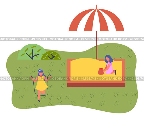 Happy cartoon kids playing in playground on the backyard. Childrens summer playground with a sandbox in modern kindergarten. Kids summer outdoor activities. Girls play together at the playing field. Childrens summer playground with a sandbox in modern kindergarten. Kids summer outdoor activities. Стоковая иллюстрация, агентство Ingram Publishing / Фотобанк Лори