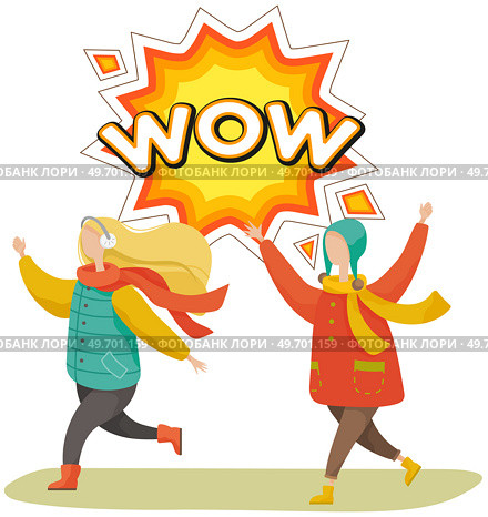 Happy children with hands up wearing winter clothes having fun. Winter fun, playing, outdoor activity and holidays concept. People cheer and shout wow. Kids near conversation phrase in form of sticker. Happy children with hands up wearing winter clothes having fun. People cheer and shout wow. Стоковая иллюстрация, агентство Ingram Publishing / Фотобанк Лори