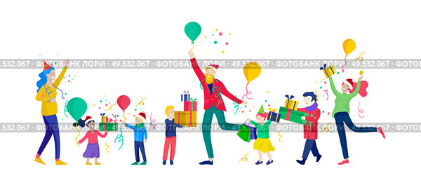 Happy Christmas Day Celebrating together happy. Group of cartoon people in Santa hats and children. Jump and throw gift. Merry Christmas and Happy New Year family character. Illustration, vector. Happy Christmas Day Celebrating together happy. Group of cartoon people in Santa hats and children. Jump and throw gift. Merry Christmas and Happy New Year family. Стоковая иллюстрация, агентство Ingram Publishing / Фотобанк Лори