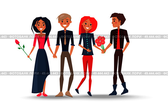 Happy couples in love, pairs of boys and girls lovers, woman holding flower gifts in hands vector illustration isolated on Valentines Day concept. Happy Couples in Love, Pairs of Boys Girls Lovers. Стоковая иллюстрация, агентство Ingram Publishing / Фотобанк Лори