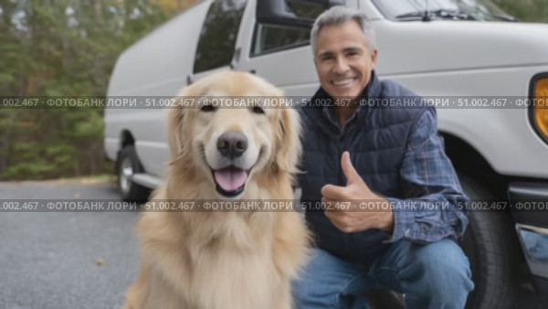 Happy dog and owner giving thumbs up next to van. Стоковое AI-видео, аниматор Юрий Поздников / Фотобанк Лори