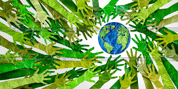 Happy Earth day celebration as an international climate change concept or eco friendly habitat protection as papercut paper hands supporting the planet and saving the world environment as a composite.  . Стоковое фото, агентство Ingram Publishing / Фотобанк Лори
