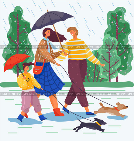 Happy family day walk with dogs in the park. Mom, dad and their daughter go out for a walk in the rain with the dogs and take umbrellas with them. Terrible lousy rainy weather during family weekend. Happy family day walk with dogs in the park. Terrible lousy rainy weather during family weekend. Стоковая иллюстрация, агентство Ingram Publishing / Фотобанк Лори