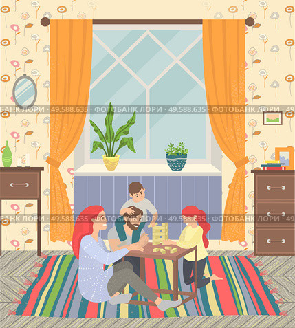 Happy family of parents and children at home on floor playing games. They sitting on carpet and play jenga. Happiness and cosiness. Mother and father, son and daughter. Vector illustration flat style. Happy Family, Parents and Children Play at Home. Стоковая иллюстрация, агентство Ingram Publishing / Фотобанк Лори