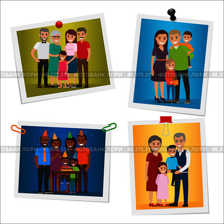 Happy family pinned portraits set. Smiling parents and grandparents standing with children and celebrating kids birthday with friends on pictures with pins and clips isolated flat vector illustration. Happy Family Pinned Portraits Flat Vectors Set. Стоковая иллюстрация, агентство Ingram Publishing / Фотобанк Лори