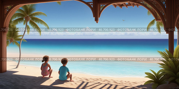 Happy family summer sea beach vacation. Asia young people father mother and daughter lifestyle travel enjoy fun and relax in holiday. Travel and Family Concept. Generative AI. Стоковое AI-изображение, AI-художник Sergey Grishin / Фотобанк Лори