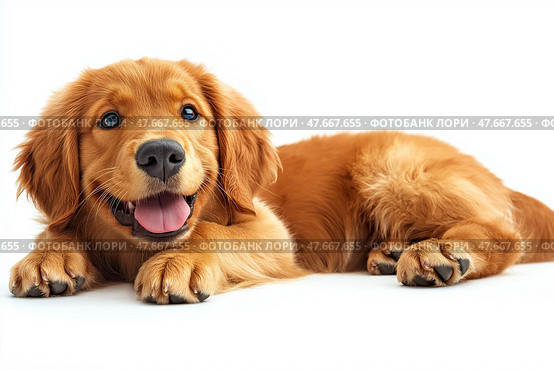 Happy golden retriever puppy lying down on a clean surface indoors. Счастливый щенок золотистого ретривера лежит на белом фоне. Стоковое AI-изображение, AI-художник Katsiaryna Repich / Фотобанк Лори