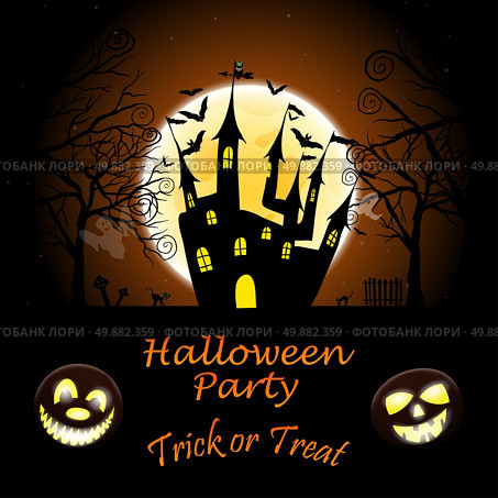Happy Halloween Greeting Card. Elegant Design With Pumpkin, Moon, Tree, Grave, Castle, Spooky and Cats   Over Grunge Dark Blue Starry Sky Background. Vector illustration. Стоковая иллюстрация, агентство Ingram Publishing / Фотобанк Лори