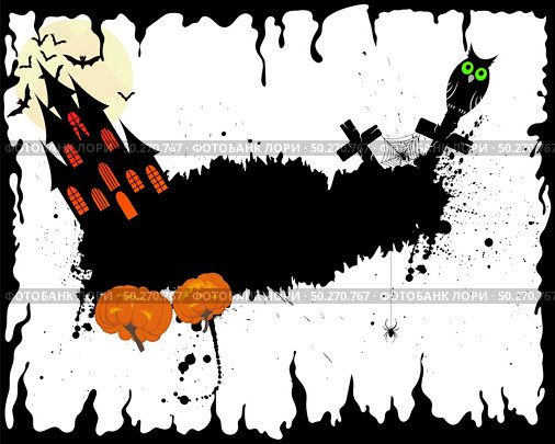 Happy Halloween Greeting Card. Elegant Design With Castle, Bats, Owl, Grave and Cemetery, Tree Over Grunge Orange Background With Ink Blots. Vector illustration. Стоковая иллюстрация, агентство Ingram Publishing / Фотобанк Лори