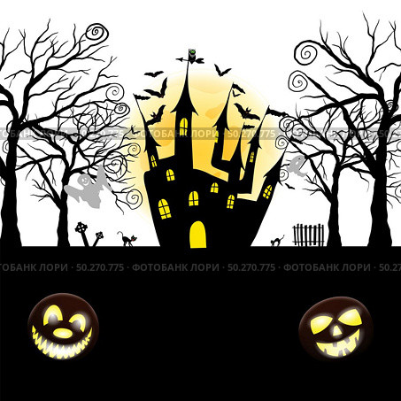 Happy Halloween Greeting Card. Elegant Design With Pumpkin, Moon, Tree, Grave, Castle, Spooky and Cats   Over Grunge Dark Blue Starry Sky Background. Vector illustration. Стоковая иллюстрация, агентство Ingram Publishing / Фотобанк Лори