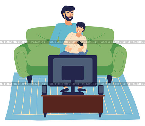 Happy man holding son on knees. Little boy with joystick relaxing playing games at home sitting at sofa with dad. Indoors activity, hobby, recreation. Leisure time at home, isolated characters. Happy man holding son on knees, little boy with joystick relaxing playing games at home with dad. Стоковая иллюстрация, агентство Ingram Publishing / Фотобанк Лори