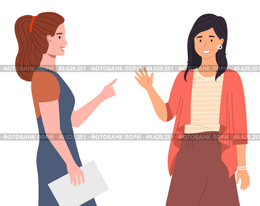 Happy meeting of two friends, women are glad to see each other, emotional meeting of colleagues at work. Surprised cartoon female characters raised hands get ready to give five, good relationship. Happy meeting of two friends, women are glad to see each other, emotional meeting of colleagues. Стоковая иллюстрация, агентство Ingram Publishing / Фотобанк Лори
