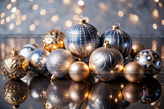 Happy New Year 2025. Beautiful Christmas background, banner made of glass Christmas balls. Стоковое AI-изображение, AI-художник Photojuli / Фотобанк Лори