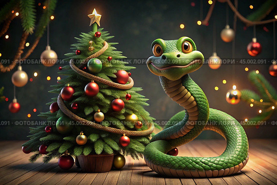 Happy New Year 2025. The symbol of the year is a green snake on the background of a Christmas tree. A festive poster or banner for a party and New Year's Eve. Стоковое AI-изображение, AI-художник Photojuli / Фотобанк Лори