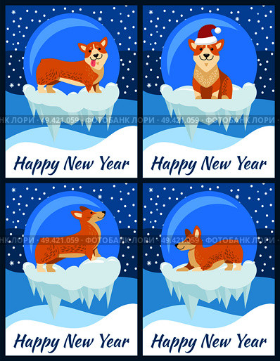 Happy New Year congratulations from cute corgi on set of four bright posters. Vector illustration with happy dog in red Santa’s hat on snowy background. Happy New Year Congratulations from Cute Corgi. Стоковая иллюстрация, агентство Ingram Publishing / Фотобанк Лори