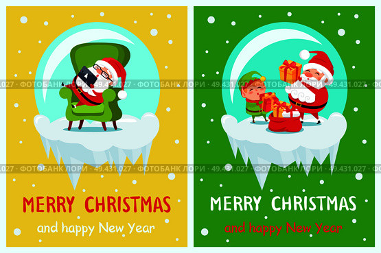 Happy New Year Merry Christmas posters Santa and Elf on icy cliff sit on armchair with tablet, put gift boxes into red sack winter cartoon characters. Happy New Year Merry Christmas Poster Santa Elf. Стоковая иллюстрация, агентство Ingram Publishing / Фотобанк Лори