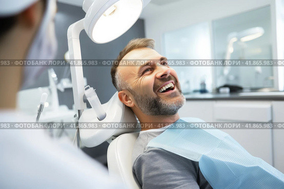 Happy patient with open mouth showing teeth in dental chair in dentist's office clinic. Стоковое AI-изображение, AI-художник Коханова Наталья / Фотобанк Лори