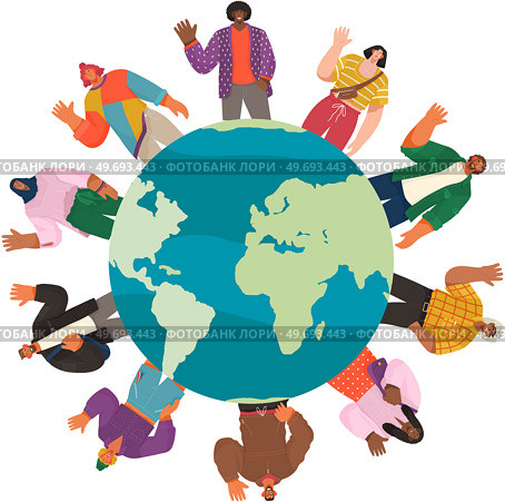 Happy people from all around world standing on globe, different representatives waving hands isolated illustration. Concept of international friendship, public solidarity, residence in any country. Happy people from all around world standing on globe, different representatives waving hands. Стоковая иллюстрация, агентство Ingram Publishing / Фотобанк Лори