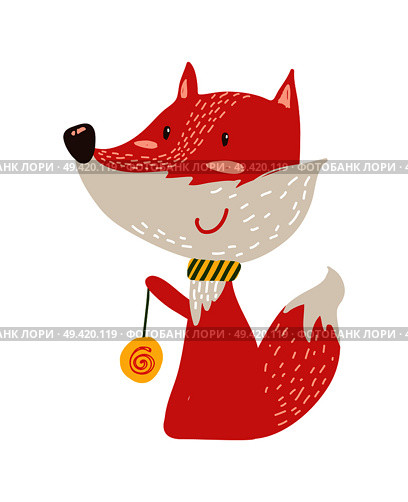 Happy red fox with yo-yo icon isolated on white background. Vector illustration with cute smiling animal with colorful rotating toy on thin rope or ball. Happy Red Fox with Yo-yo Icon Vector Illustration. Стоковая иллюстрация, агентство Ingram Publishing / Фотобанк Лори