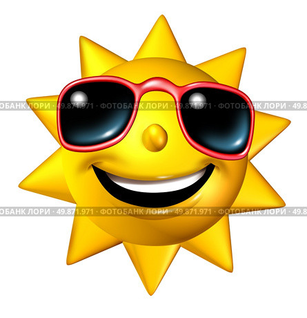Happy smiling summer sun character with sunglasses in a frontal view as a  glowing hot seasonal ball of fun and a symbol of vacation and relaxation under a sunny weather isolated on white. Стоковое фото, агентство Ingram Publishing / Фотобанк Лори