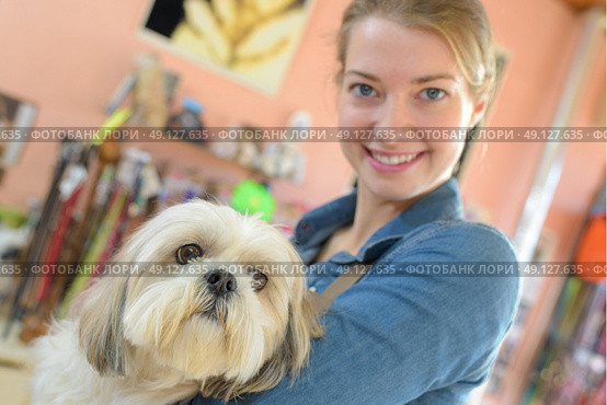 happy woman and dog in grooming salon. Стоковое фото, агентство Ingram Publishing / Фотобанк Лори