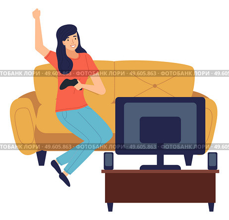 Happy woman winner with joystick in hand, playing video game at tv screen, relaxing playing games at home sitting at sofa. Indoors activity, hobby, recreation. Leisure time at home, isolated character. Happy woman winner with joystick in hand, palying video game at tv screen, relaxing playing games. Стоковая иллюстрация, агентство Ingram Publishing / Фотобанк Лори