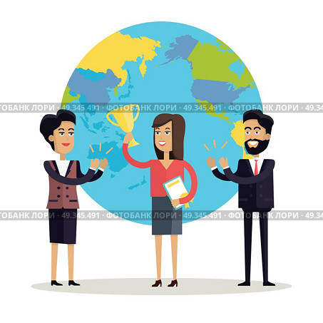 Happy Young Woman with Winner Cup. Happy woman with winner cup. Business man and woman in business suits congratulating winner on a background with planet. People clapping hand. Smiling young characters. Flat vector illustration. Стоковая иллюстрация, агентство Ingram Publishing / Фотобанк Лори