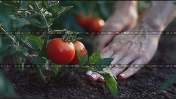 Harvesting ripe tomatoes in a vibrant garden during late summer with careful hands. Стоковое AI-видео, аниматор Сергей Толмачёв / Фотобанк Лори