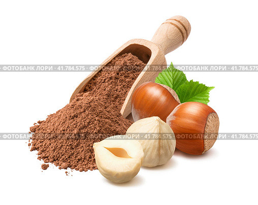 Hazelnuts and cocoa powder in wooden scoop isolated on white background. Стоковое фото, фотограф Катерина Ковалева / Фотобанк Лори