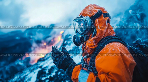 HAZMAT suit explorer in icy landscape: A perilous mission, protection against danger. Стоковое AI-изображение, AI-художник Данила Большаков / Фотобанк Лори