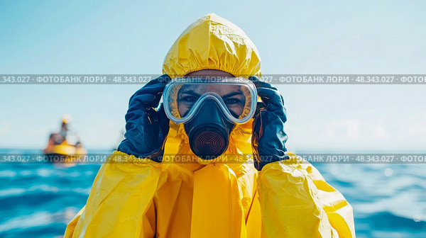 Hazmat Suit on the Water: Protection against the Unknown, A Worker in PPE Inspects the Sea. Стоковое AI-изображение, AI-художник Данила Большаков / Фотобанк Лори