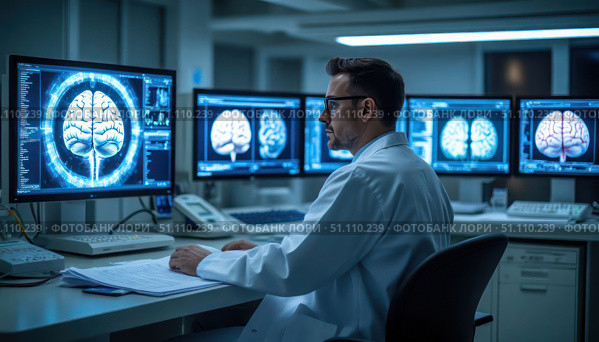 He is looking at the monitors, which display images of brains. Стоковое AI-изображение, AI-художник Ярославский Максим / Фотобанк Лори