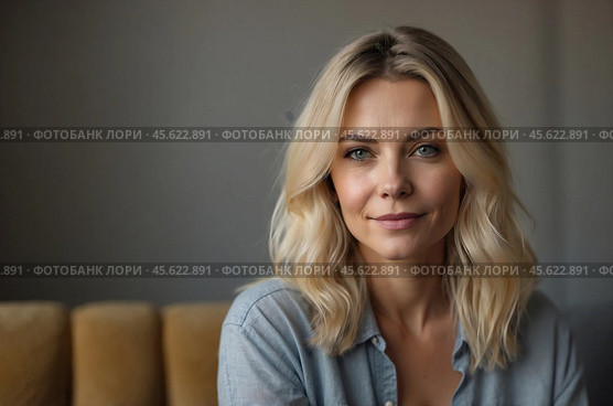 Head shot portrait pretty blonde woman looking at camera, sits alone on sofa photoshooting, enjoy pleasant pastime weekend at home at own or rented apartment. Beautiful mature female profile picture. Стоковое AI-изображение, AI-художник Александр Поташев / Фотобанк Лори