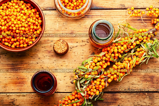 Healing elixir from sea buckthorn. Sea buckthorn oil in a bottle on wooden table. Autumn berry in herbal medicine.. Sea buckthorn berries in herbal medicine. Стоковое фото, агентство Ingram Publishing / Фотобанк Лори