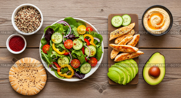 Healthy balanced meal with grilled chicken and fresh salad. Top view of a nutritious lunch bowl with avocado, hummus, and vegetables on wooden table. Стоковое AI-изображение, AI-художник Павел Муравьев / Фотобанк Лори