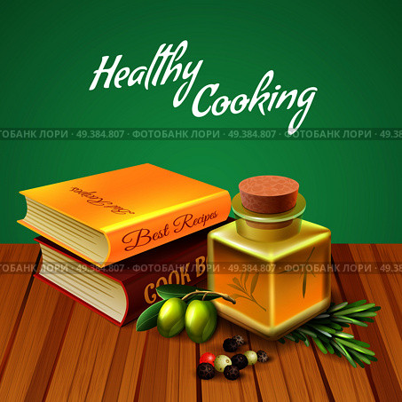 Healthy cooking background with two cookery books olive oil herbs and spices realistic vector illustration. Realistic Herbs And Spices Background. Стоковая иллюстрация, агентство Ingram Publishing / Фотобанк Лори
