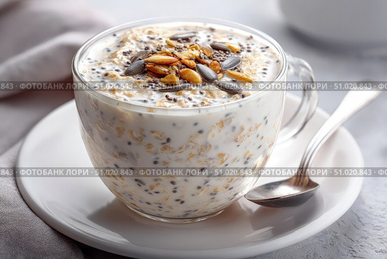 Healthy overnight oats with seeds and milk served in a glass cup. Стоковое AI-изображение, AI-художник Катерина Бондарец / Фотобанк Лори