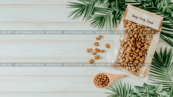 Healthy Pet Nutrition: Top-down presentation of premium dog kibble in a pouch, with a wooden spoon and treats, framed by green tropical foliage on a light wood surface, ideal for product display. Стоковое AI-изображение, AI-художник Данила Большаков / Фотобанк Лори