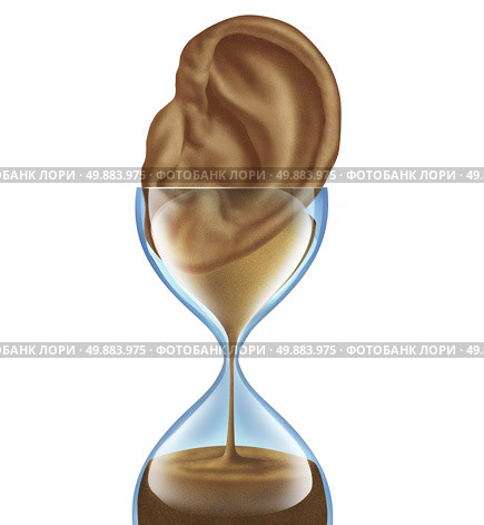 Hearing aging loss as a medical degenerative disease as an hourglass with sands of time falling shaped as an ear as a symbol of losing auditory function due to older age. Стоковое фото, агентство Ingram Publishing / Фотобанк Лори