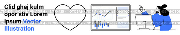 Heart outline, business analytics data screen, person working remotely at computer, analyzing graphics. Ideal for business, analytics, data visualization, remote work, love, motivation, technology. Business Data Analysis and Remote Work Growth Connection with Heart Design Accent. Стоковая иллюстрация, агентство Ingram Publishing / Фотобанк Лори